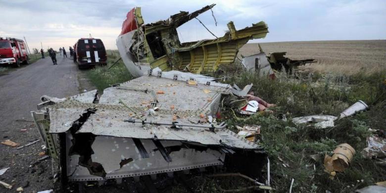 AFP PHOTO / DOMINIQUE FAGET Puing pesawat Malaysia Airlines yang membawa 295 orang penumpang dari Amsterdam ke Kuala Lumpur yang jatuh di Kota Shaktarsk, timur Ukraina, Kamis (17/8/2014).